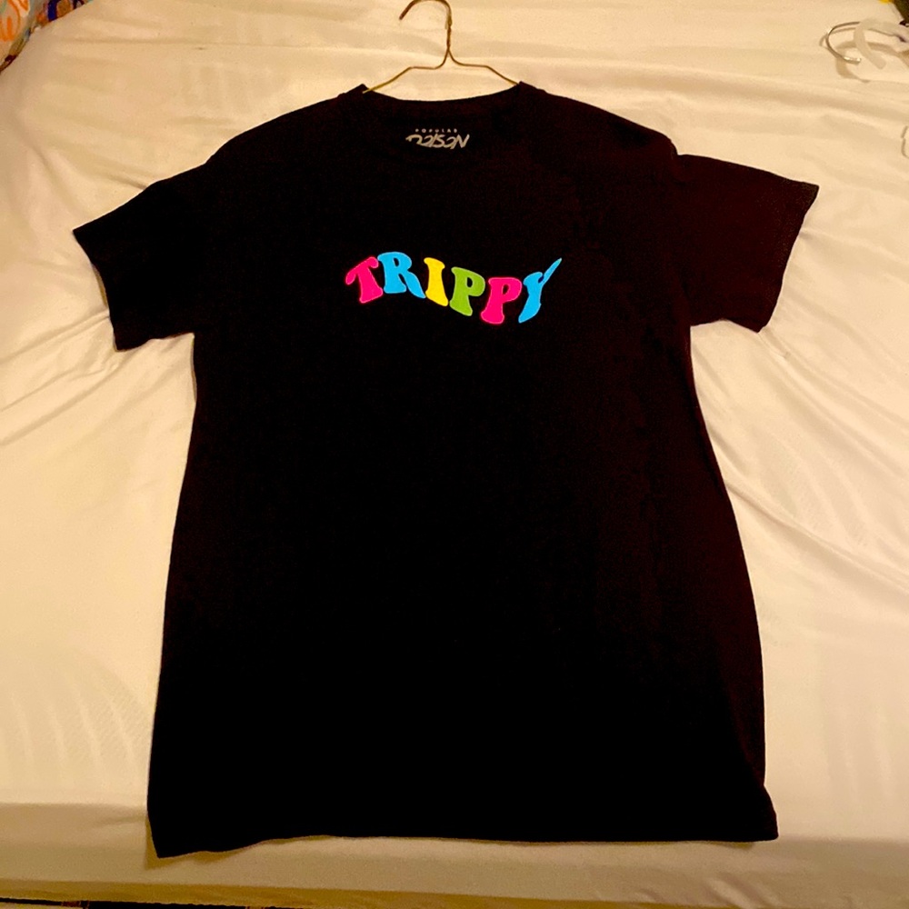 black tee shirt, small, colorful lettering